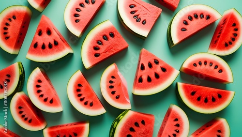 Sliced ​​watermelon background on green background photo