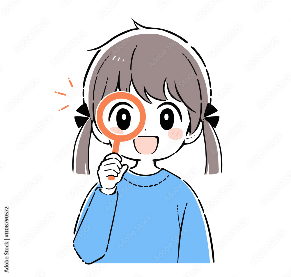 Obraz premium 虫眼鏡を使用してひらめきを得た少女のイラスト