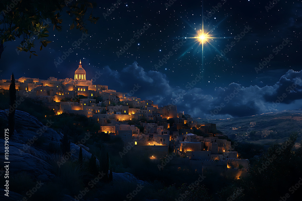 Fototapeta premium Majestic night scene of Bethlehem under the Star of Bethlehem, symbolizing hope, guidance, and divine presence