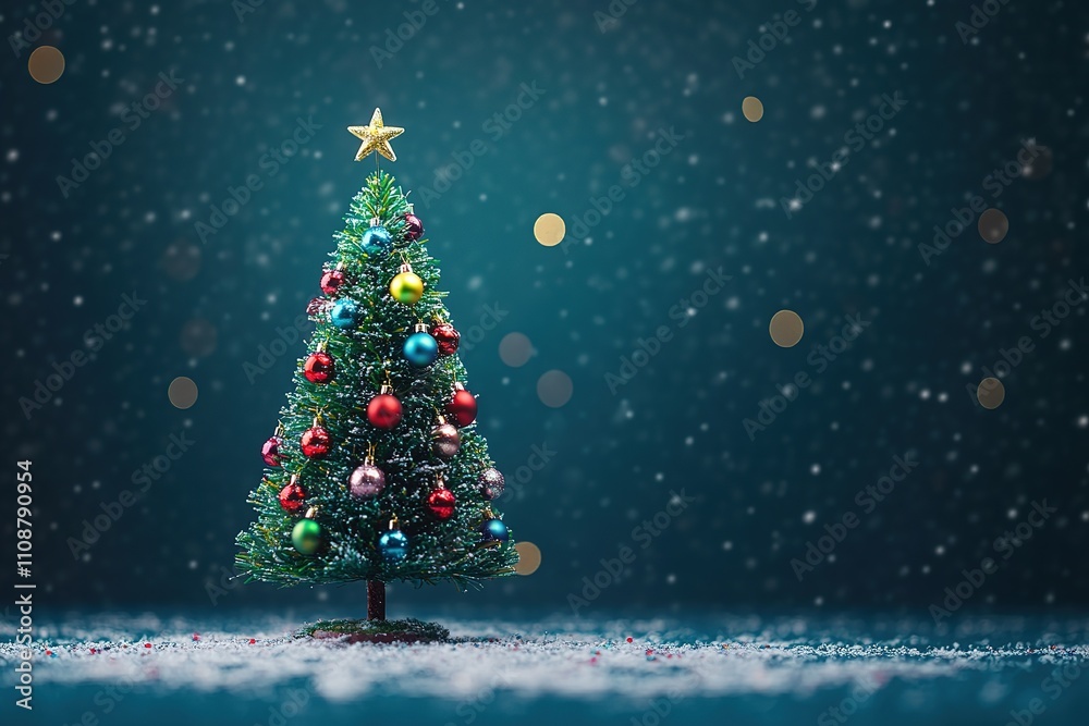 Obraz premium Christmas tree decorated with violet and golden festive balls against blurred background, bokeh effect. Banner design with space for text 