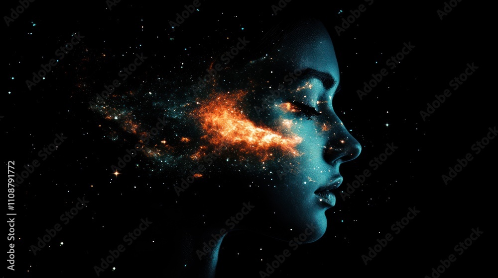 Obraz premium A profile of a woman with cosmic elements, symbolizing imagination and the universe.