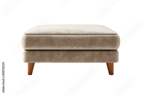 Stylish beige ottoman with wooden legs placed in a modern living room setting
