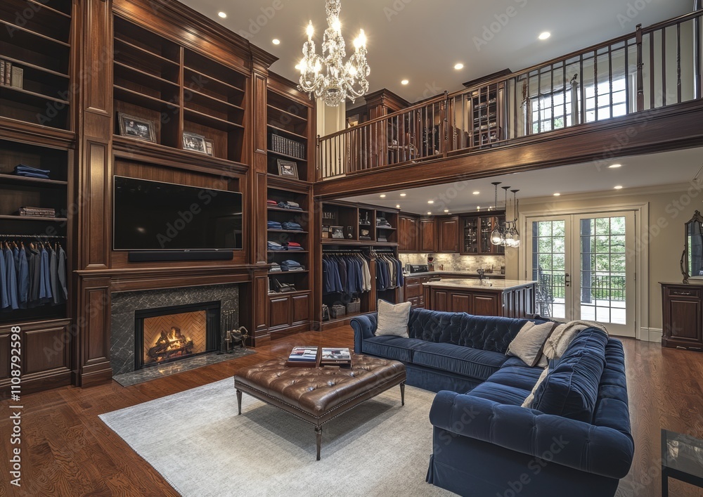 Fototapeta premium Luxurious Modern Living Room with Elegant Sofa, Stunning Wood Cabinets, Cozy Fireplace, and Open Layout in a Sophisticated Home Interior Design