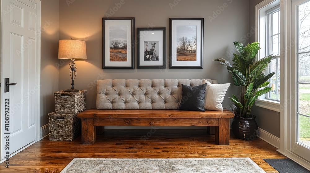 Fototapeta premium Living room console table styling with table lamps, decorative boxes, and framed photos