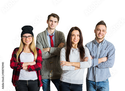 Group of diverse young adults standing with folded arms, smiling, casual attire, isolated on white background, concept of teamwork, confidence