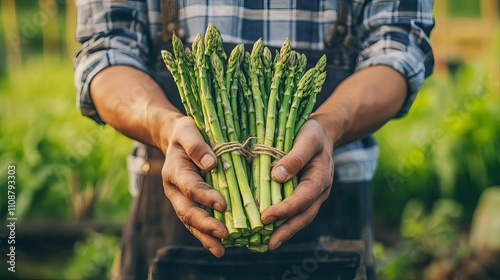 Freshly Harvested Green Asparagus in Farmer s Hands Organic Farming Healthy Food photo