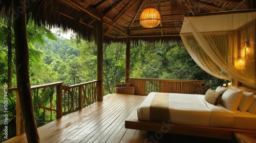 Luxury eco-friendly hotel surrounded by rainforest, wooden decks, natural materials, 