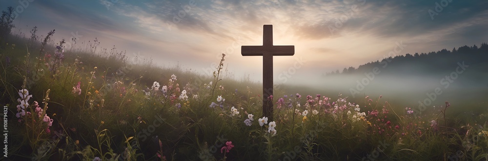 cross sits on vibrant lawns field with wild flowers and beautiful morning sky and clouds of sunrise cross sits on vibrant lawns field with wild flowers and beautiful morning sky and clouds of sunrise
