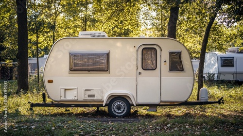 A vintage camper trailer parked among trees, ideal for outdoor adventures and travel.