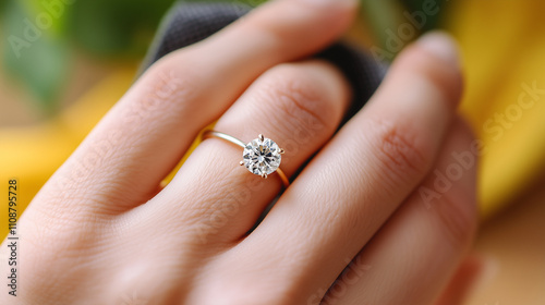 A close-up of hands delicately polishing an elegant diamond ring with a black microfiber cloth. The focus is on the sparkling gemstone and the meticulous care being taken to mainta photo