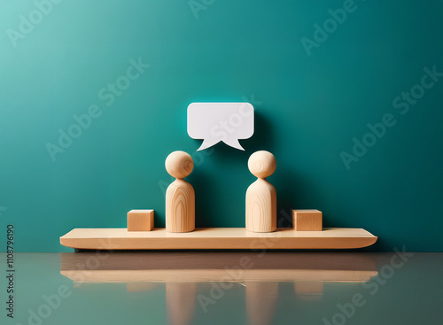 Two wooden figures engage in conversation, represented by a blank speech bubble above them.  They stand on a platform, symbolizing communication and dialogue.