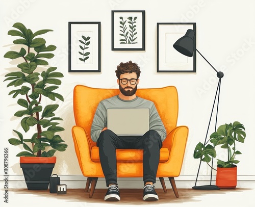 Man working on laptop in comfortable armchair, surrounded by houseplants in modern home office. photo