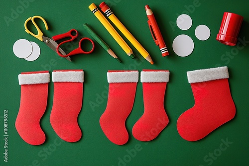 Santa's boot, gift boxes, fir tree branches with cones on green background
 photo