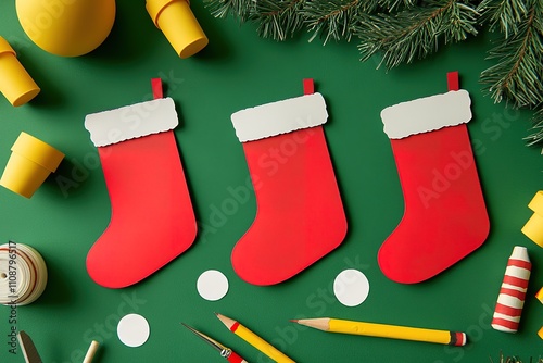Santa's boot, gift boxes, fir tree branches with cones on green background
 photo