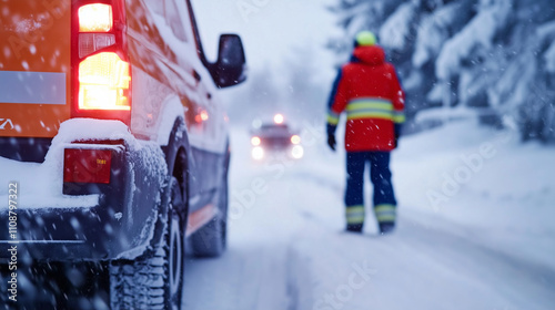 Rettungswagen auf verschneiter StraÃe photo