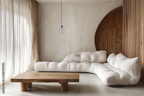 Minimalist  photos of a living room with a combination of Scandinavian interiors and japandi interiors finished in wood with white sofas and tables visible. Generative AI 