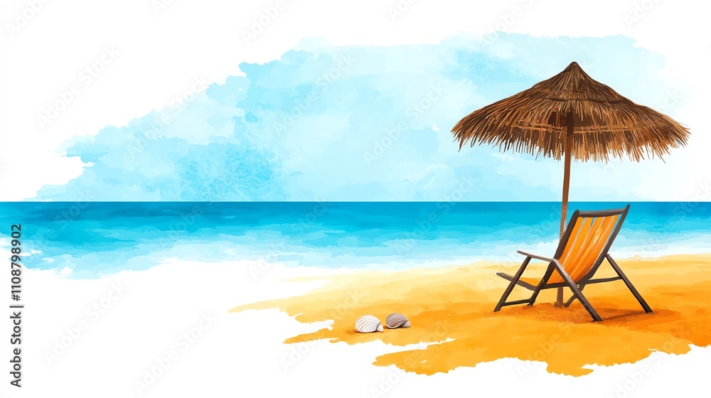 Fototapeta premium A serene beach scene featuring a straw umbrella and a lounge chair beside the turquoise ocean and sandy shore, perfect for relaxation and leisure.