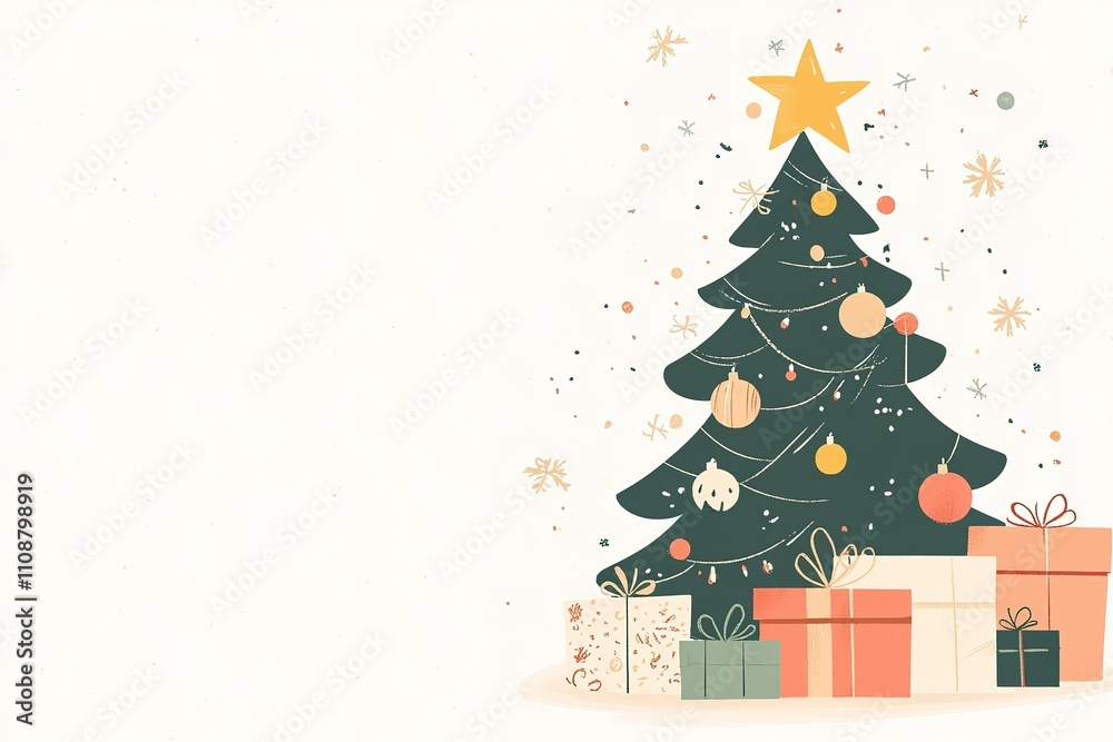 Fototapeta premium Happy Santa claus standing with gift boxes and christmas tree. Cartoon character. Vector illustration 