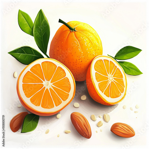 Candied oranges and almonds ingredients on a pure white background from above, AI generated