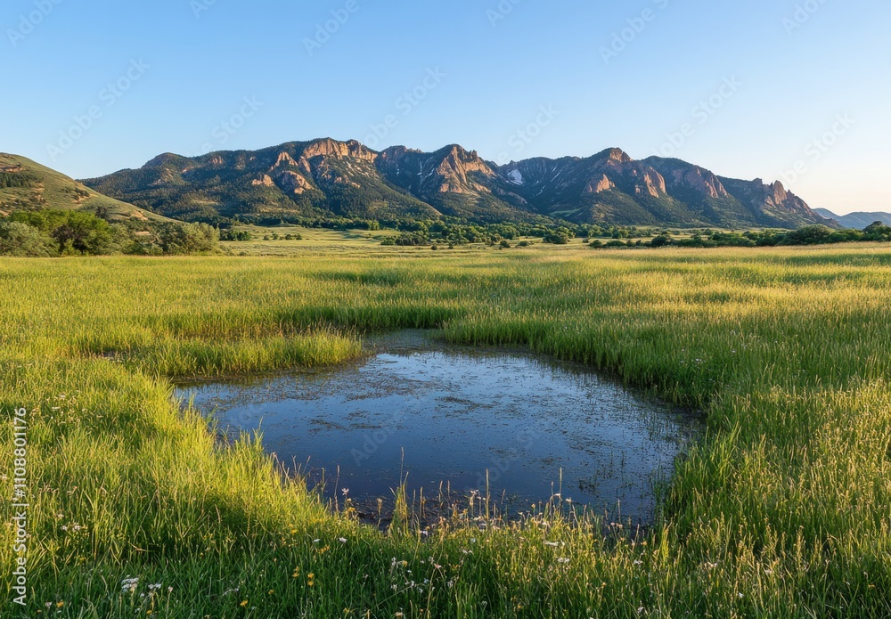 Obraz premium Serene Landscape of Lush Green Grassland Surrounding a Tranquil Pond with Majestic Mountains in the Background Underneath a Clear Blue Sky