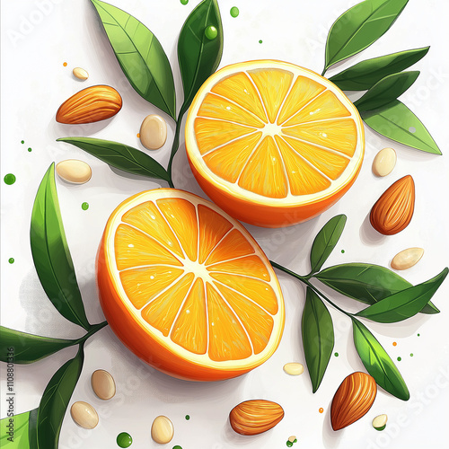 Candied oranges and almonds ingredients on a pure white background from above, AI generated