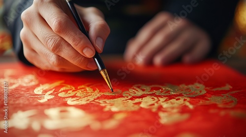 Closeup of calligrapher writing Tet wishes on red paper the fine brushwork in sharp detail photo