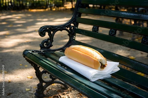 A classic jambon-beurre sandwich, wrapped in a white napkin, rests on a green bench in a sunlit Parisian park with lush trees and paths. Jambon beurre photo