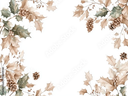 Festive Watercolor Christmas Wreath with Holly Leaves, Berries, and Pinecones on White Background, Intricate Patterns, Holiday Spirit, Ultra-Detailed Artwork