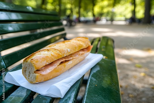 A classic jambon-beurre sandwich, wrapped in a white napkin, rests on a green bench in a sunlit Parisian park with lush trees and paths. Jambon beurre photo