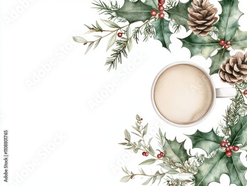 Festive Watercolor Christmas Wreath with Holly Leaves, Berries, and Pinecones on Isolated White Background, Ultra-Detailed Illustration for Holiday Greetings