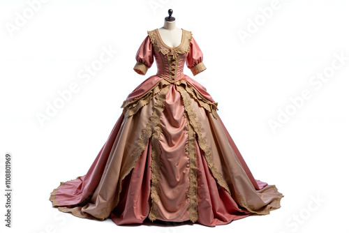 A 17th, 18th century ball gown on mannequin, elegant design with fitted bodice in ornate lace embroidery, fine lady wear, Victorian, Georgian, Regency era style clothing. Isolated on white background.