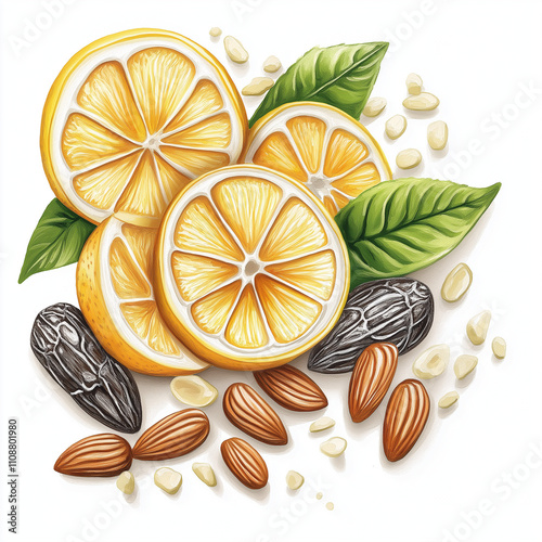 Candied oranges and almonds ingredients on a pure white background from above, AI generated