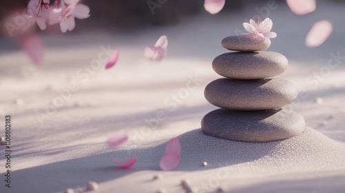 Serene stacked stones with cherry blossoms in soft sand