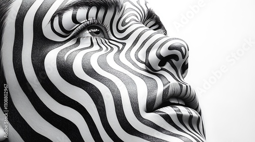 Realistic monochrome face combined with surreal vibrant abstract psychedelic designs