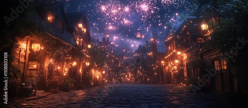 Wallpaper Mural A magical night scene of a cobblestone street illuminated by lanterns and fireworks. Torontodigital.ca