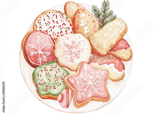 Festive Watercolor Christmas Cookie Platter with Colorful Icing and Sprinkles on Isolated White Background, Perfect for Holiday Baking Enthusiasts - Ultra-Detailed Illustration