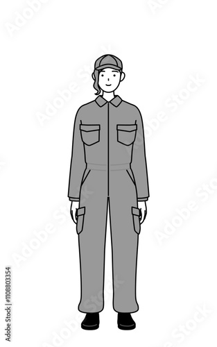 A mechanic woman in coveralls with a smile facing forward