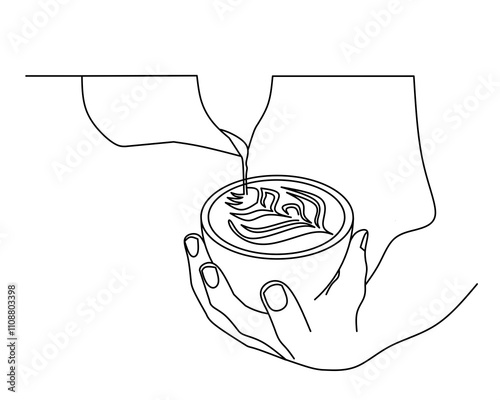 Hand making latte lineart drawing vector,barista making latte linear drawing vector,hand making coffe latte