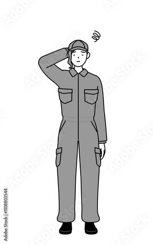 A mechanic woman in coveralls scratching her head in distress.