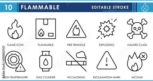 A set of line icons related to flammable. Flame, fire, exploding, hazard, high temperature, and so on. Vector editable stroke.