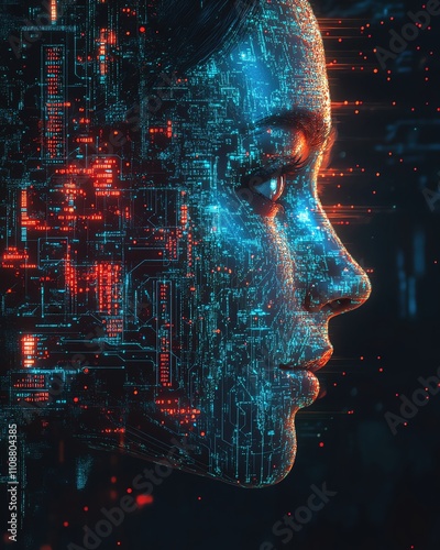 human face profile composed of flowing blue code and glowing circuit patterns, set against a dark, textured background 