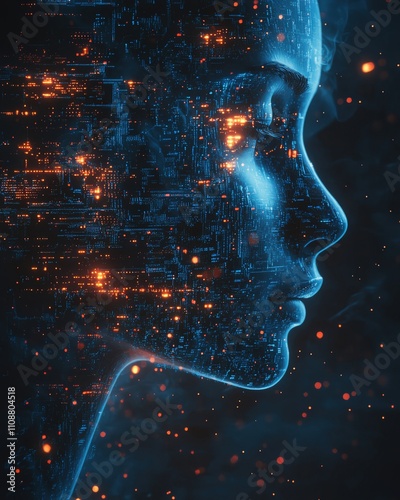 human face profile composed of flowing blue code and glowing circuit patterns, set against a dark, textured background 