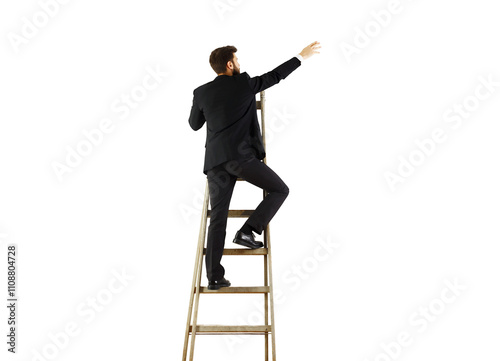 Man in formal attire climbing a step ladder, reaching upward, isolated on a white background. Concept of ambition, success, and effort