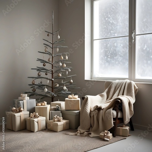 A Scandinavian-inspired Christmas interior with a minimalist tree, wrapped gifts in neutral tones, and a cozy blanket by a window with snowflakes outside, leaving the floor space clear for holiday tex photo