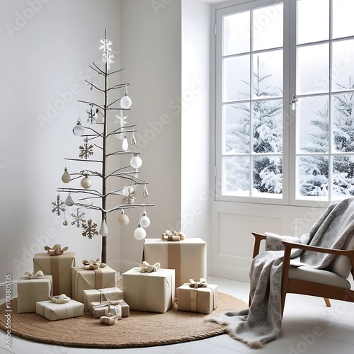 A Scandinavian-inspired Christmas interior with a minimalist tree, wrapped gifts in neutral tones, and a cozy blanket by a window with snowflakes outside, leaving the floor space clear for holiday tex photo