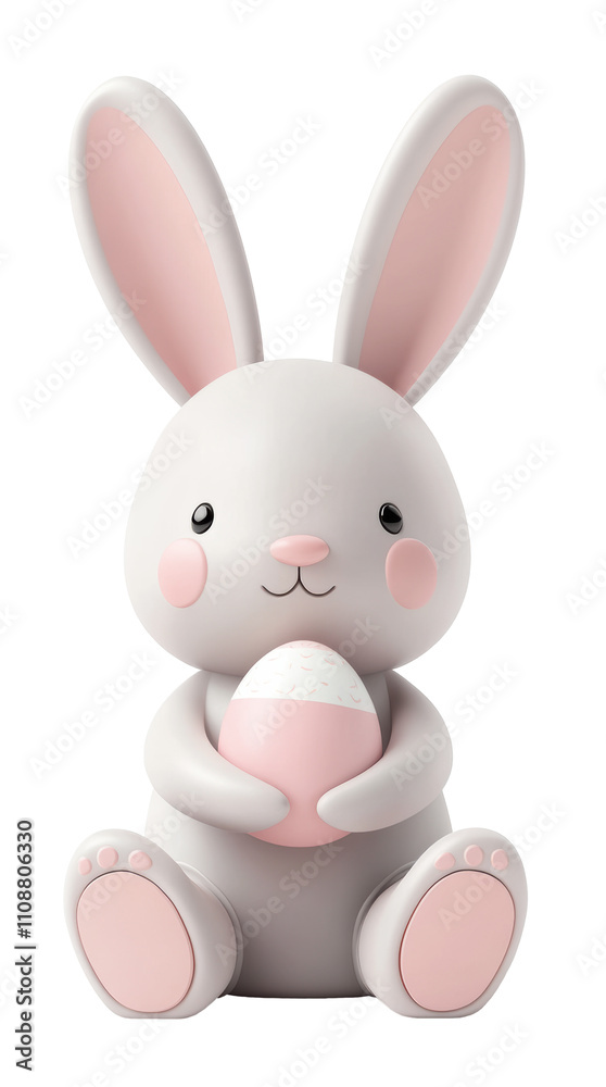 Fototapeta premium Adorable white and pink Easter bunny holding a decorated egg, perfect for holiday designs and festive themes, isolated on a transparent background.