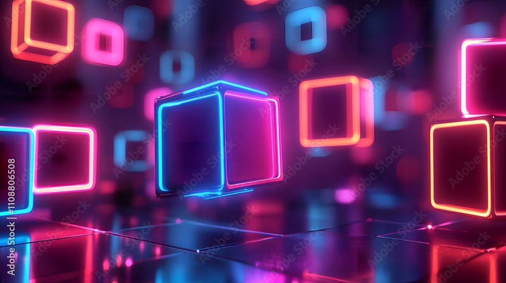 Neon Cubes Abstract Digital Art: Vibrant Pink and Blue Glowing Shapes in a Dark Setting Neon Cubes Abstract Digital Art: Vibrant Pink and Blue Glowing Shapes in a Dark Setting