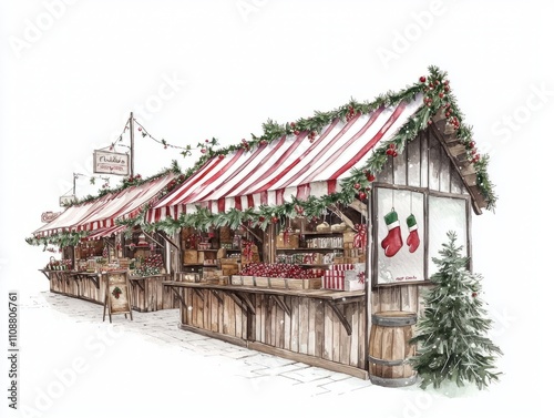 Festive Watercolor Christmas Market Illustration with Detailed Stalls and Decorations on White Background