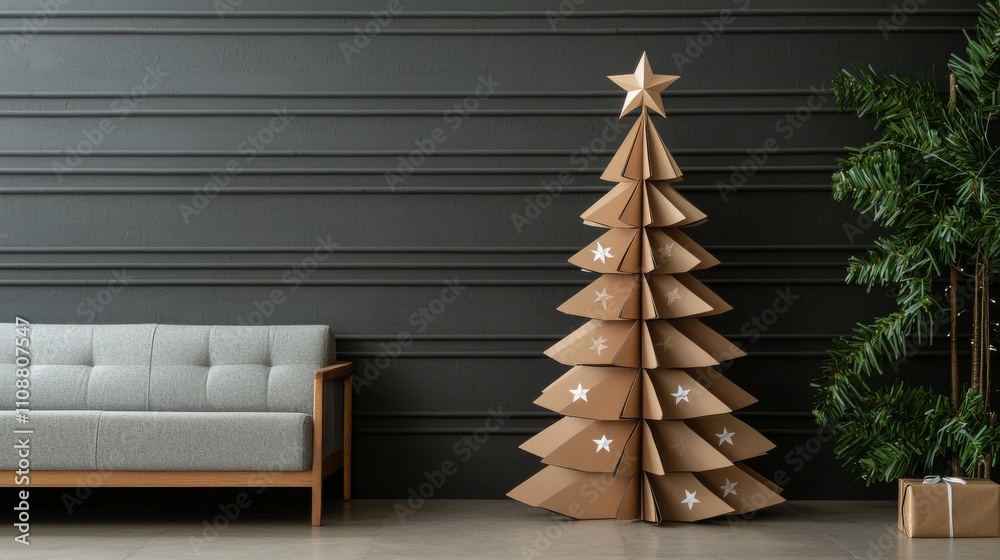 Fototapeta premium A modern living room featuring a stylish cardboard Christmas tree and a minimalist sofa against a dark wall.