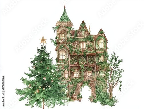 Festive Watercolor Christmas Card with Detailed Designs and Vibrant Colors on Isolated Background